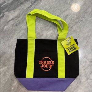 Trader Joes Black Canvas Tote Bag with Neon Yellow Straps and Purple Base